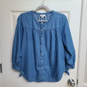 LOFT Chambray Round Neck Henley Button-Down Blue S